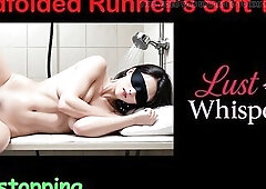 Brawny runner with soft pillowy hips gets blindfolded in a beach changing room, played with an erotic board game, then machine-drilled side-lying and 