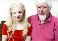 Slender young hottie Anna Ray pleases a horny old man on the sofa