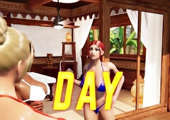 Futanari babes with big tits having foursome sex on a beach in 3D animation