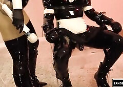 Dominatrix-bitch Tangent's latex-clad rubbermaid is kept in strict devotion, expecting her approval and the chance to earn her favour.