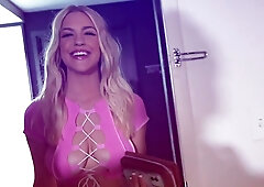 Blonde milf Nina Elle gives Jay Rock a deep throat and handjob during a private moment