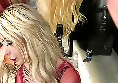 Gorgeous blonde shemale takes a big dick in her mouth