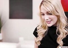 Blond secretary brings coffee to her t-girl boss.After that,her boss lets her sit on the chair and that babe then licks her vagina to makes it moist.I