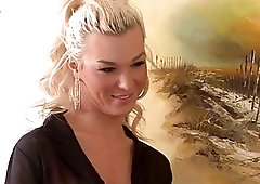 Gorgeous blonde gets blowjob from dude and rides him after