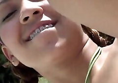 Serena 18 strip off her clothes to show her big tits and bald pussy outdoor. She fingering slowly until great orgasm comes