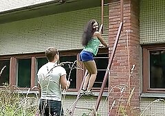 Teen brunette Angel Dickens climbs on the roof to fuck with her man