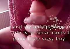 Freak sissy fag prepares to serve real men and plays with a dildo