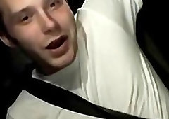 Handsome twinks strip nude in a car and jerk off