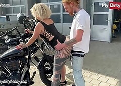 Busty blonde swallows cum in public