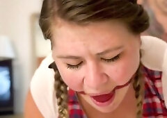 Amelia getting drilled by giant cucumber and dick???? front view