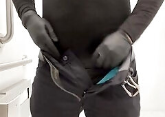 Latex gloves dick jerking off public restroom creamy load relief