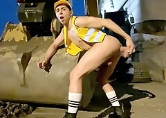 Twink bubblegum-butt in chastity sneaks into construction site and uses a massive dildo on his tight hole in public