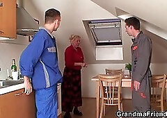 Big tits old grandma please two workers