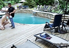 Security guard having fun with trespasser by the pool