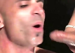 Two stunning dominant shemales use horny slave as they please