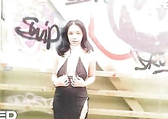 Ebony Costume Cosplay Club Style Costume Black Porn Star Goes Outside For A Walk Exotic Public Traveling