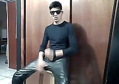 Young leather lad beating off