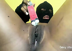 Black girl is always horny and lonely so she fucks and cums on an object she found in the house