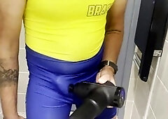 Muscular guy proudly showcases his bulging cock in a new wrestling singlet resulting in massive loads of jizz