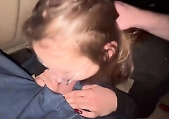Risky DT in moving car with friends, spunk in throat - warm