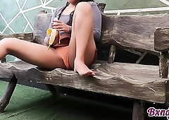 Hot, sinless beauty playing with her snatch and a banana