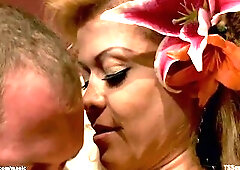 Large melons golden-haired aged tgirl star Johanna B tied her massive fan John Magnum and banged his throat then taut booty with hard large dick