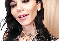 Big boobed classy transsexual Bailey Paris using her golden anal dildo