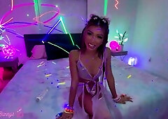Skinny girl Clara Trinity glows below the lights, clothed in a cage brassiere and sheer strap with glitter. Along with Brian Omally they tease every o