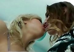 Tender blonde babe gets her tits sucked on by shemale