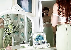 Redhead milf was alone at home and decided to rub her pussy, in front of the mirror