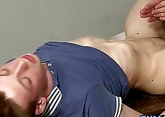 Good boy lies back while daddy works on his throbbing member