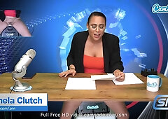 Hot MILF with huge tits masturbates live on air while reading the news