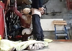 Bound and blindfolded milf services hard cock with her mouth