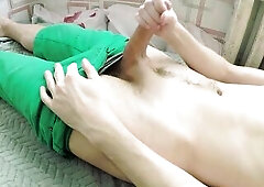 Masturbating in green shorts, beefy climax & ejaculation