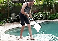 Pool boy has outdoor bareback sex with his boss