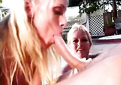 Charming blondes eaten out and screwed by the poolside by sexually excited stud