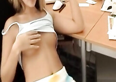 Golden-haired Rides Banana Sex toy Hard at Her Desk