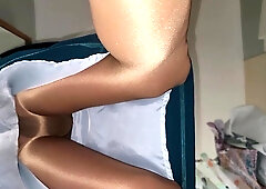 Wearing a blue office secretary petticoat with a white silky lining and glossy hose looking up my petticoat