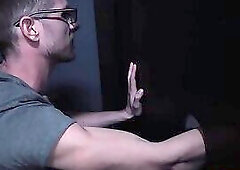 Stud sucks huge cock through the hole and rides it hard