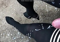 Crossdresser outdoor with mega handsfree cumshot on nyl