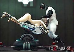 Sexy young cuffed blonde gets fucked by shemale cyborg in the sci-fi lab