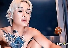 Hot blonde slim girl sucks then mounts shemale cock