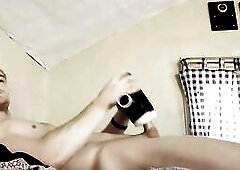 Muscled Brawny Teen Chap with Giant Shlong and Thick Butt Lazily Edging His Monster Alone in Bedroom
