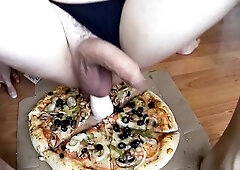CUM FOOD fetish. Teasing, sex-toy and eating pizza with cum. Anal vibrator ride with ebony lace underware. Cuming jerking off pizza eating cum. Leggin