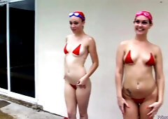 After masturbating next to every other, nude cuties are getting drilled hard, from the back