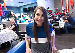 Cute brunette sneaks away in the bathroom to get fucked