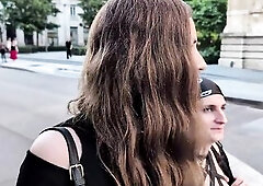 In this movie scene, the trans dominatrix-bitch Gabrielle L wearing ebony haunch-high boots and her tractable girlfriend go to a SADOMASOCHISM party, 