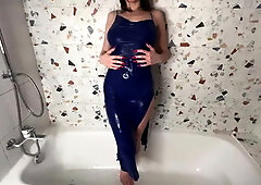 in the Shower in a Blue Seductive Dress, I Get Wet from This Pleasant Water A...