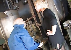 Sexy blond in ebony nylons gets hard screwed by mechanic in a garage