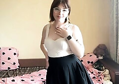 Hot brunette hair squeezes her large bazookas.